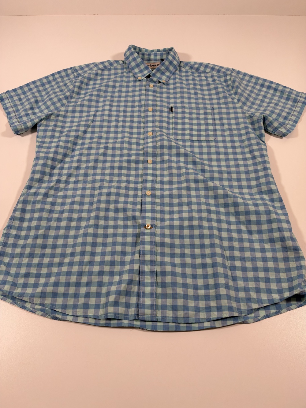 Barbour Shirt Mens L Blue Gingham Check Tailored Fit Short Sleeve Button Down
